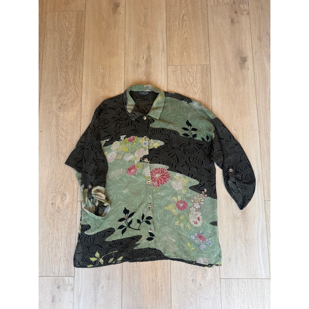 Citron Santa Monica 100% Silk Blouse Asian Floral Print Green Black Button Up S